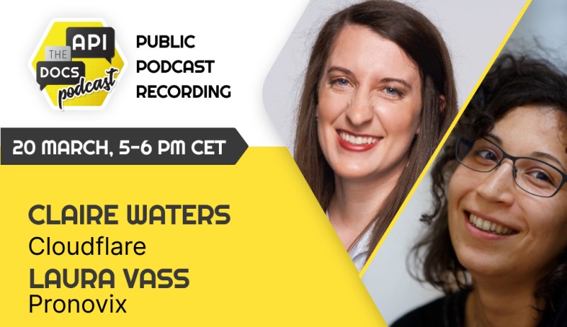 API The Docs podcast thumbnail with the guests' headshot, name, company and recording time and date