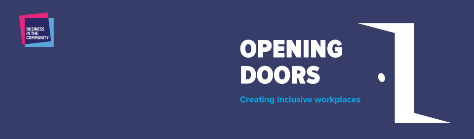 Image of outline of an open door with text "Opening Doors: Creating Inclusive Workplaces