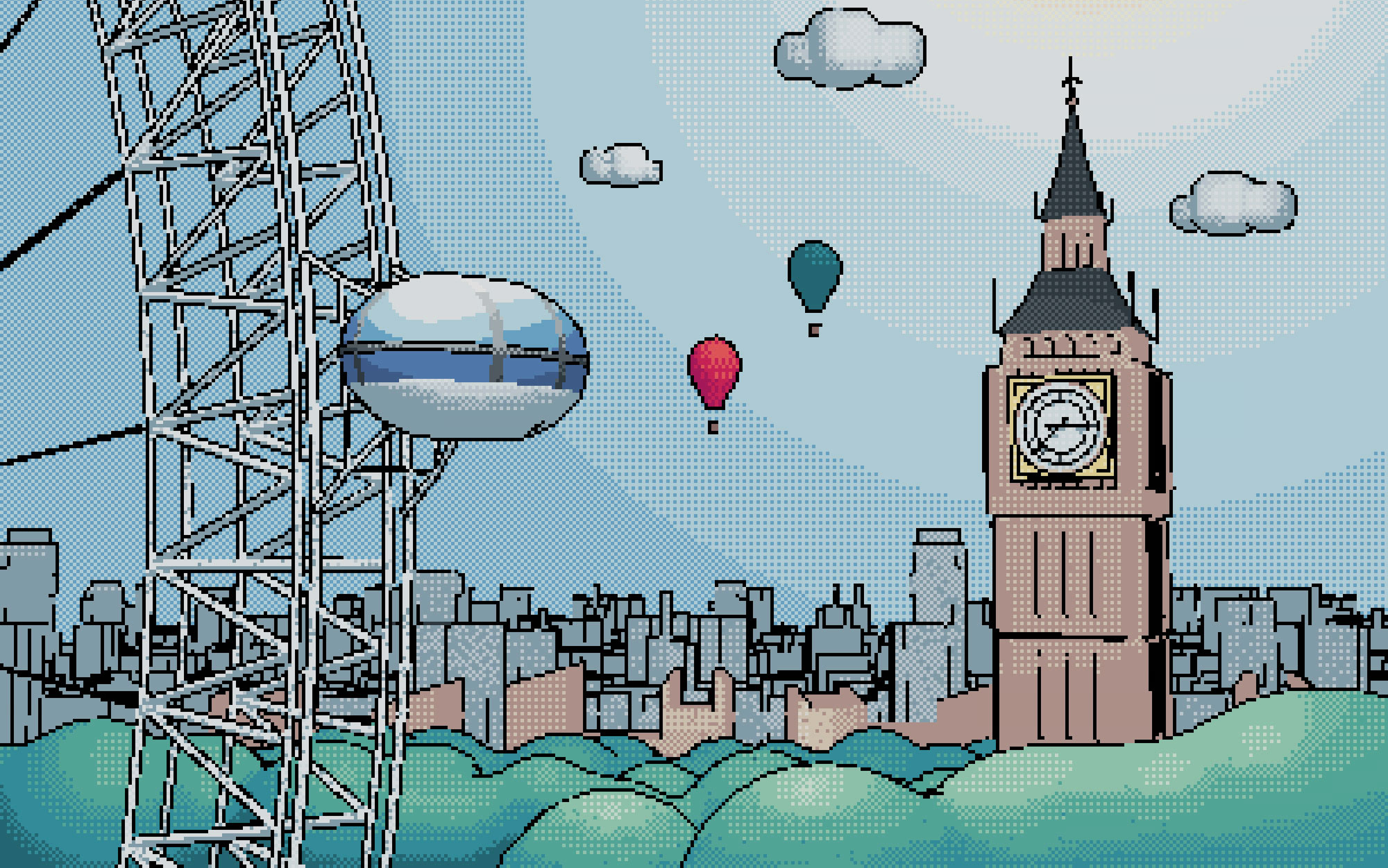 A pixel art illustration of the southbank area od London.