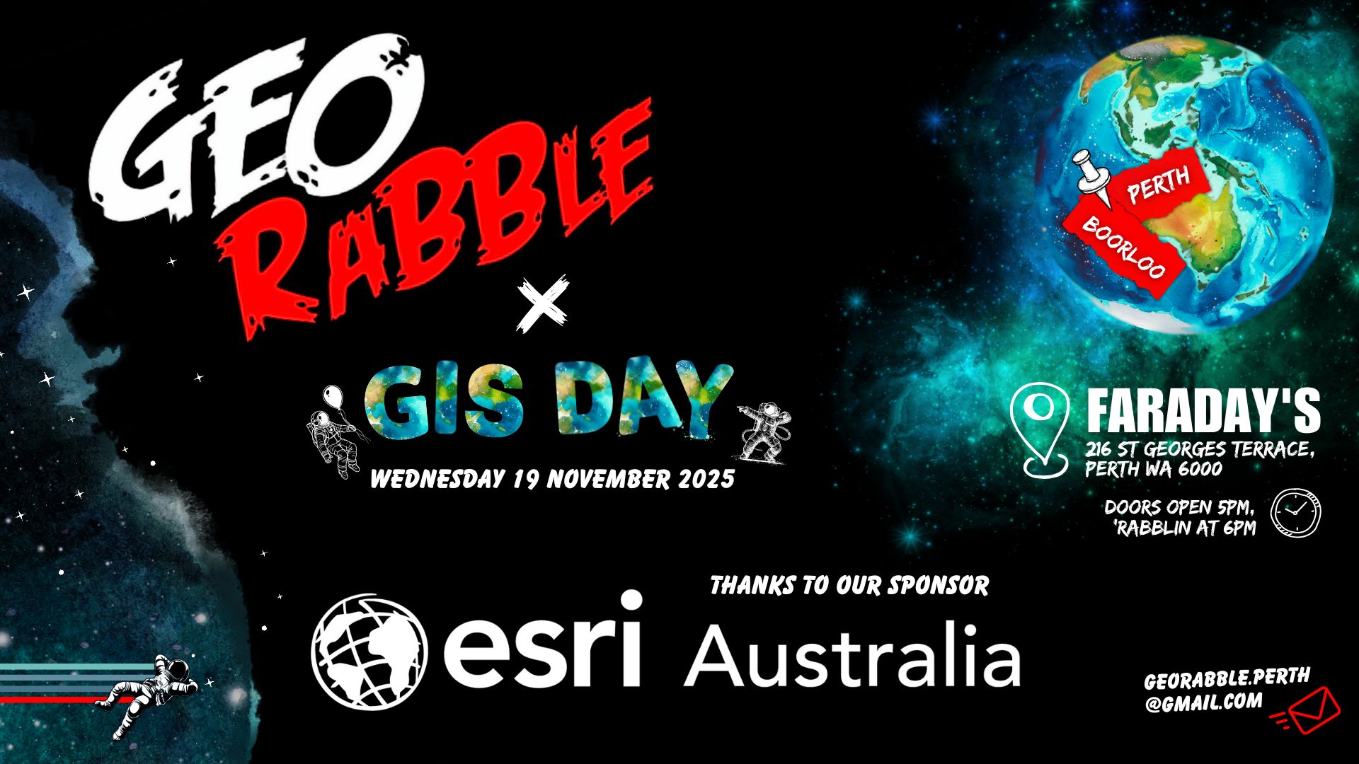 GeoRabble x GIS Day sponsored by Esri Australia. 