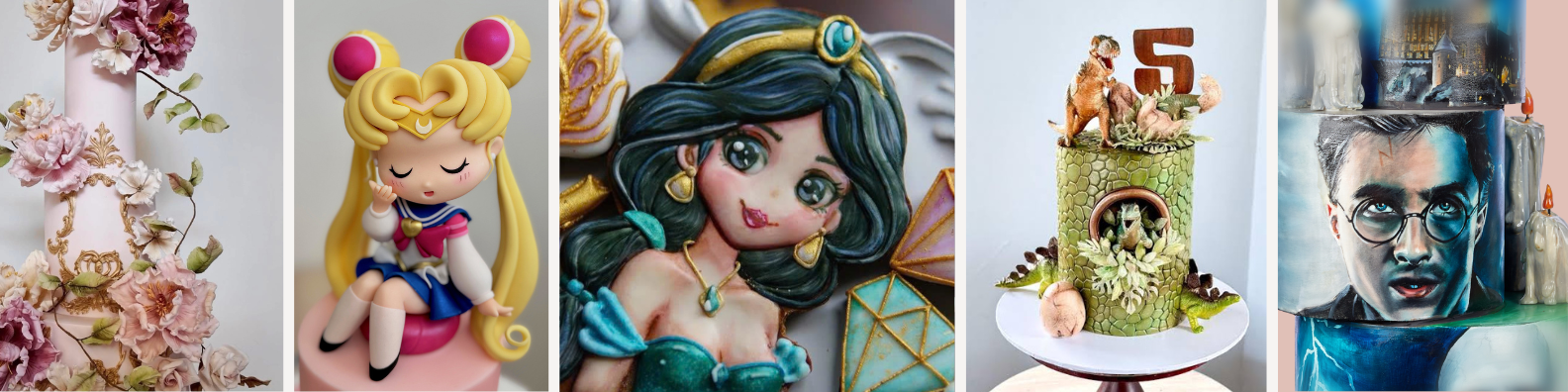 Shows photos of amazing workshops, a beautiful wedding cake, sugar modelling, Jasmine royal iced cookie, dragon cake and harry potter's portrait hand painted onto a cake