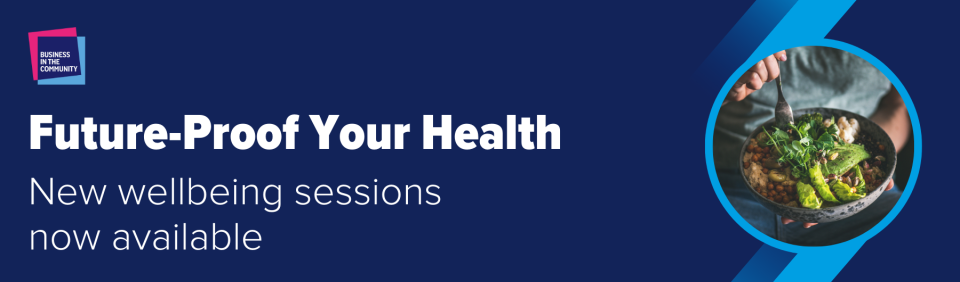 Banner with Text "future proof your health, new wellbeing sessions now available" on a dark blue background with an image of a salad in a bowl