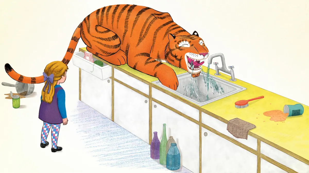 a cartoon of a tiger drinking from a sink