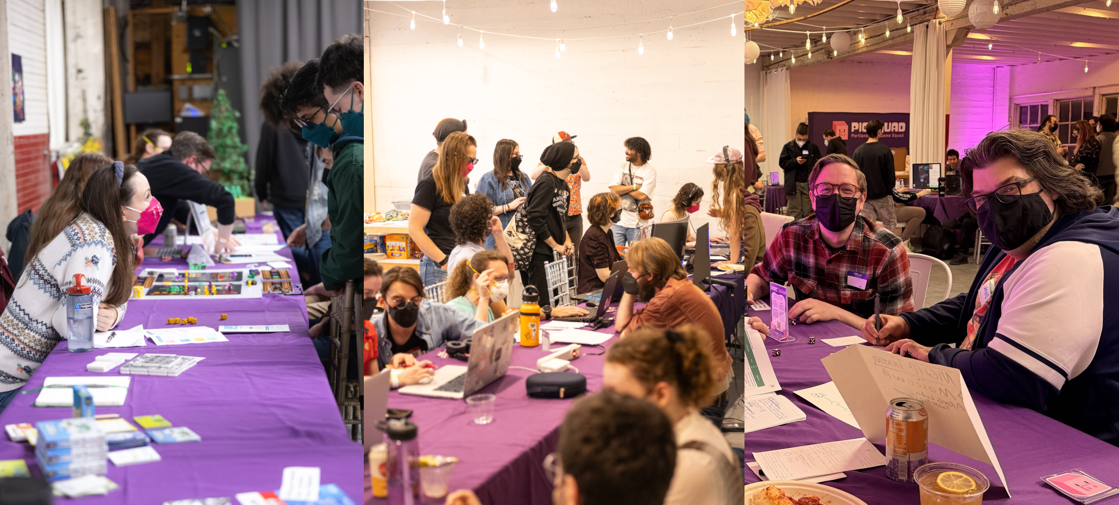People are playing video games, board games, and other projects at Urbanite in photos of previous PIGSquad Events